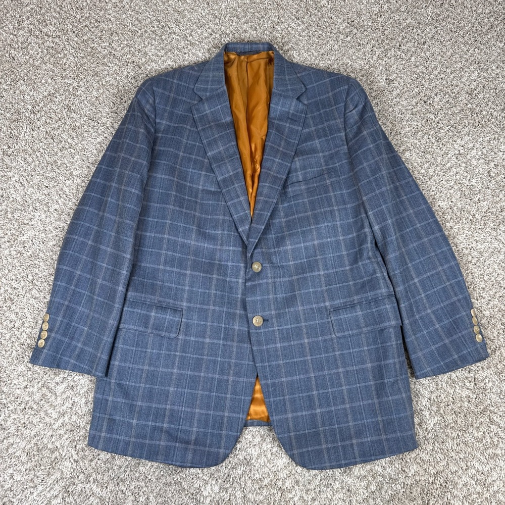 Royal Classic Holland & Sherry Blazer Mens 44R Blue Windowpane Plaid Sport Coat